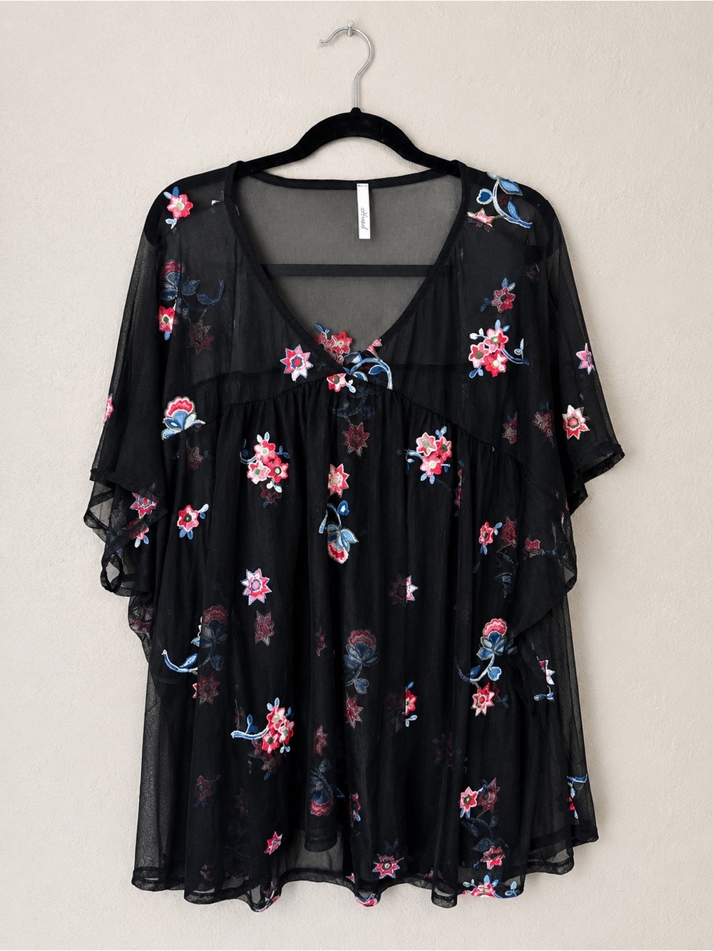 Black Sheer Floral Embroidered Tunic with Pink & Blue Accents